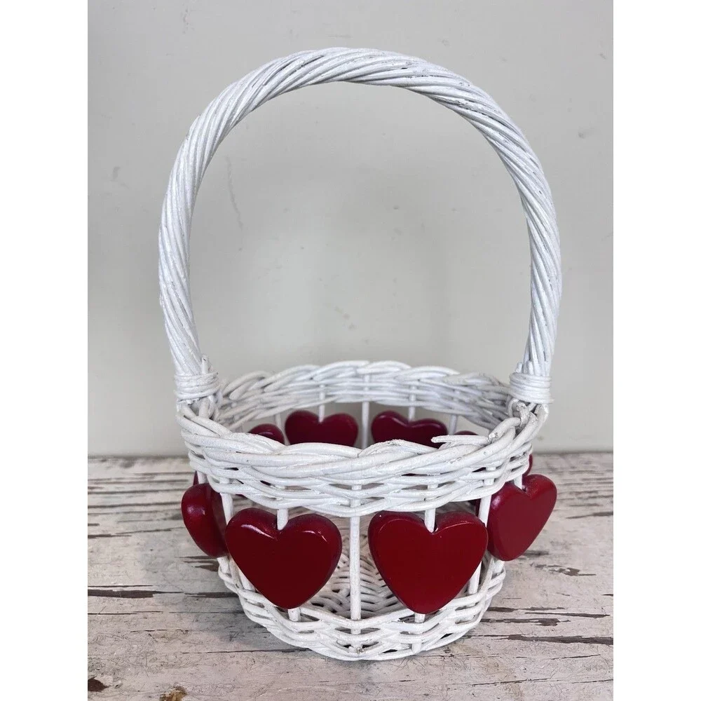 Vintage Wicker And Wooden Hearts L❤️VE Basket W/ Handle Moveable Hearts Rare 9”